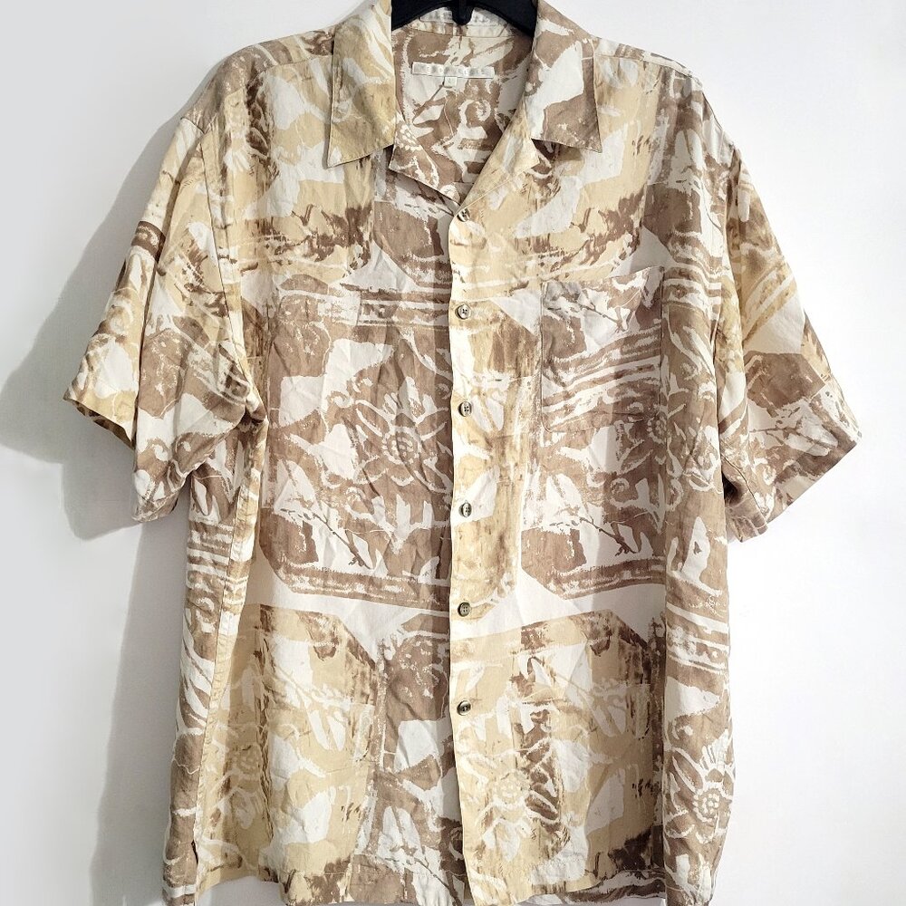 Perry Ellis Mens Short Sleeve Hawaiian Shirt Size L Button Up Silk Tribal Print